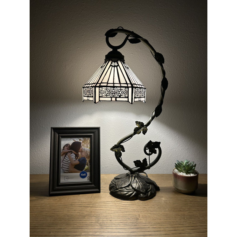 Lemberg Tiffany Style Table Lamp White Stained Glass Hexagon Iron Metal Leaves 11"W*8"D* 21" H