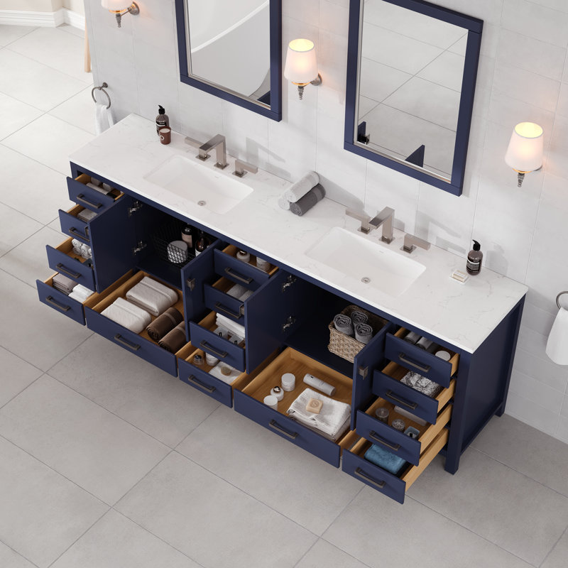 Erma 96 In. Blue Double Sink Bath Vanity With Carrara Quartz Top And Undermount Porcelain Sinks, Blue