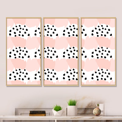 " Midcentury Pink Shapes With Black Polka Dots I " 3 - Pieces