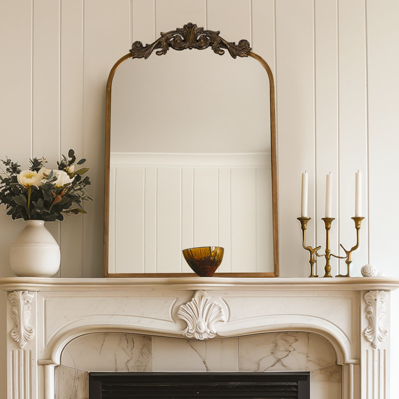 Gold Vintage Wall Mirror, 24 X 36" Antique Baroque Ornate Frame, Arched Decorative Brass Mirror For Bathroom Vanity, Fireplace Mantle, Living Room & Entryway, Victorian Style Home Decor