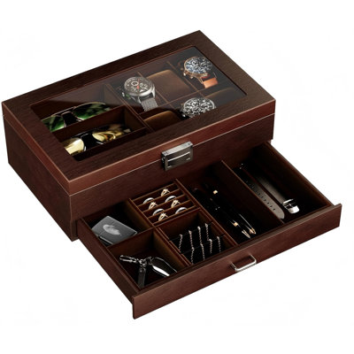 Wooden Jewelry Box 2Tier Watch Holder And Sunglasses Box Organizer Display Cases With Clear Glass Top And Storage Drawer