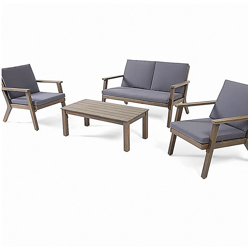 Ensemble de causeuse d'extérieur en bois d'acacia 4 places Temecula - Causeuse, table basse et 2 fauteuils club - fini gris + coussin gris