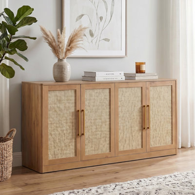 67.02" Rattan 4-Door Buffet Cabinet, Boho Sideboard, Large Credenza Sideboard Buffet for Living Room, Hallway and Kitchen