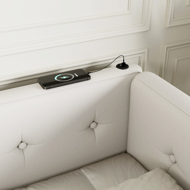 Grand lit plateforme tapissier beige avec construction durable et ports de charge en lin élégants, tissu, Beige, Grand lit