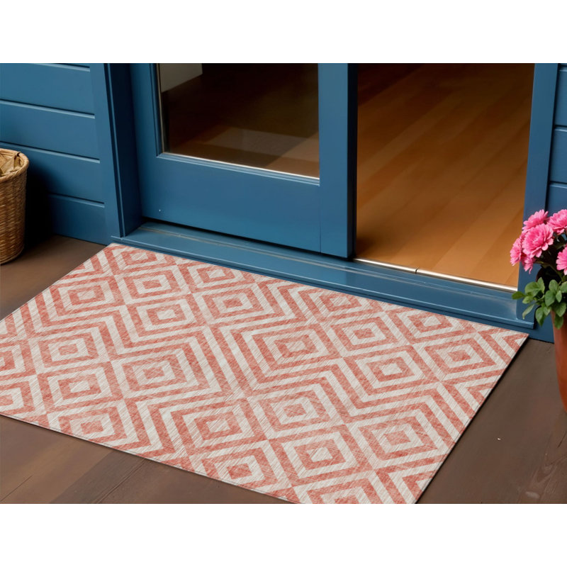3' X 5' Salmon And Ivory Geometric Washable Indoor Outdoor Area Rug
