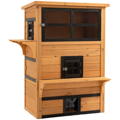 3-Story Feral Cat Shelter & Outdoor Kitten Condo, Raised Floor, Asphalt Roof, Escape Doors, Jumping Platforms, Yellow