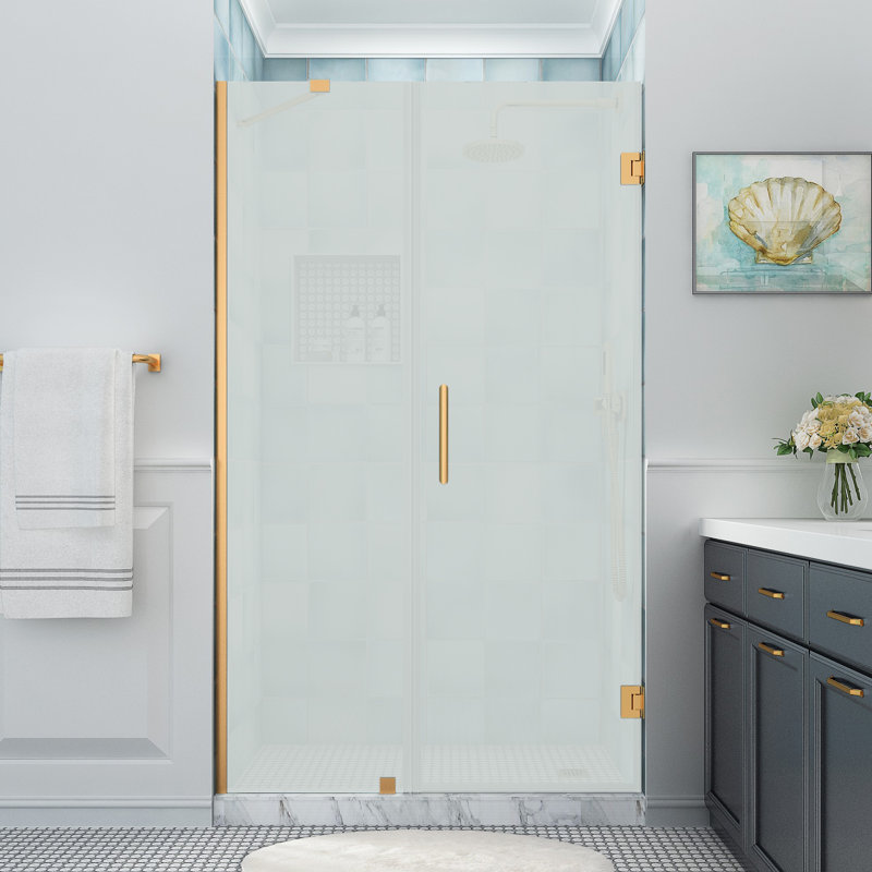 Belmore XL 50.25 - 51.25 in. W x 80 in. H Frameless Hinged Shower Door with StarCast Glass, Brushed Gold, Frosted Glass
