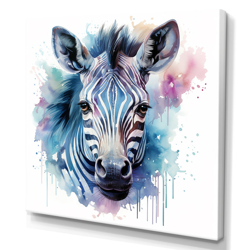Bleu et rose, zèbre, savane, art mural zèbre, Toile tendue, 16" H x 16" W