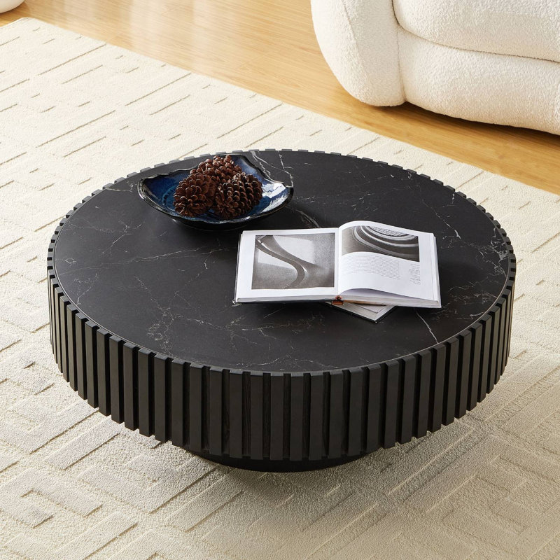 Table basse ronde en fritté et en bois manufacturé 35,43 po, Noir, noir, noir, noir, Noir, noir, noir, noir
