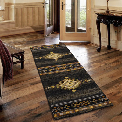 Tapis noir en design, 5 pi 3 po X 7 po, polypropylène, teint, teint en dinde,