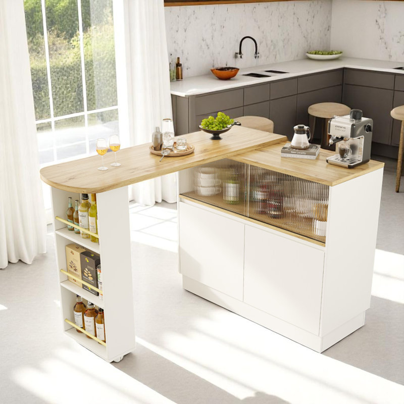 120cm 360° Rotation Bar Table With Doors And Shelves Multifunctional Sideboard With Open Shelves Storage Space, White
