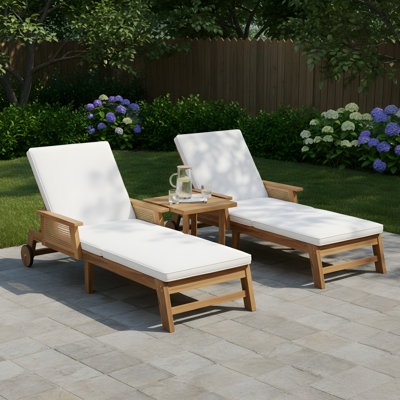 Tilson Patio 3-Piece Acacia Wood Chaise Lounge With Wicker Panels & Cross-Stretcher Side Table Set