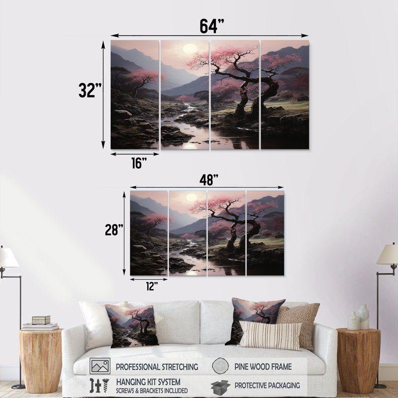 «Cherry Blossom Evening Silhouette» - ensemble d'art mural 4 pièces, H 28 po x l 48 po