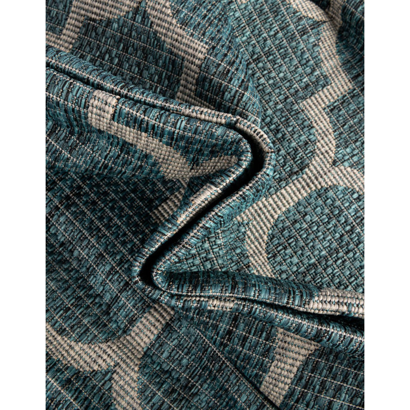 Annetrude Geometric Indoor / Outdoor Rug, Round 5', Teal