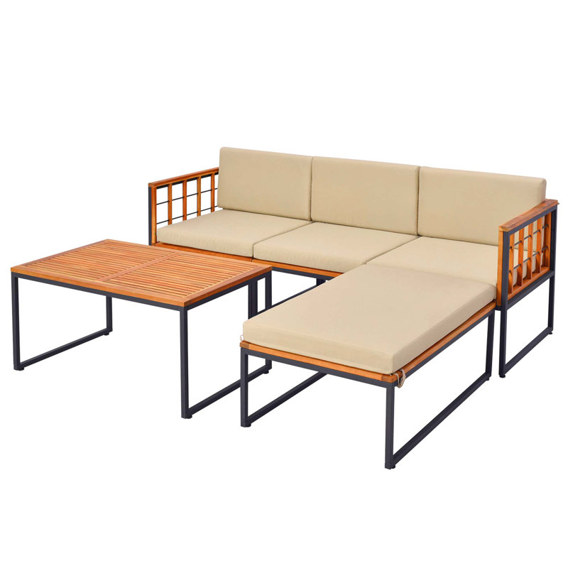 Ensemble de conversation en bois pour 4 personnes avec coussins Mooli