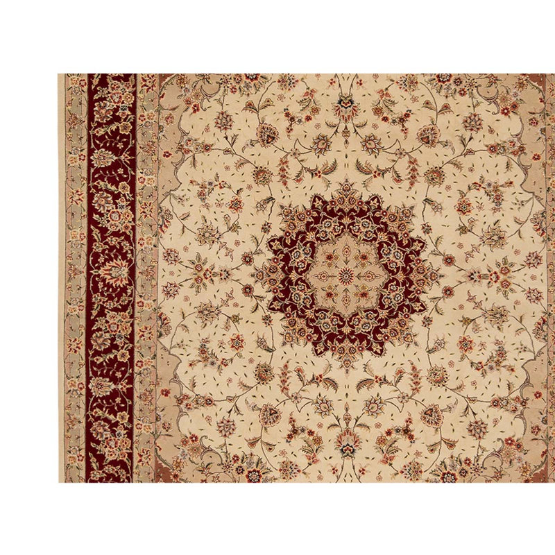 Tapis ivoire / rouge en laine noué à la main de conception unique 8 pi 9 po x 11 pi 9 po