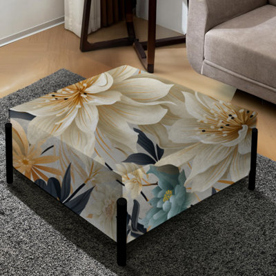 Beige et gris fleur sérénité Boho Motif - Grand repose-pieds carré floral