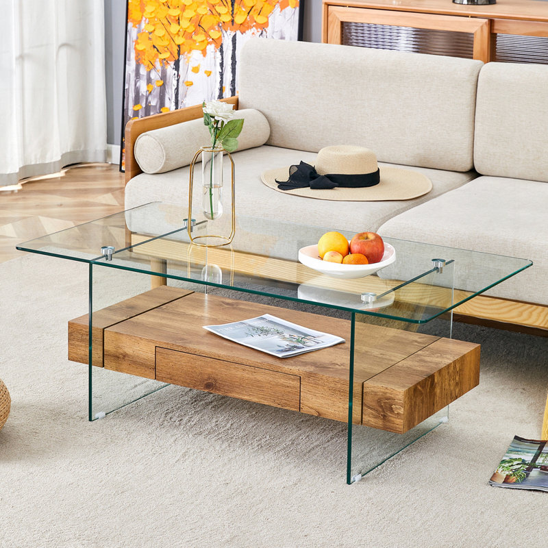 Table basse moderne en verre et en marbre avec design double couche et rangement spacieux pour les salons contemporains