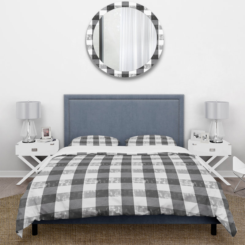 Ensemble de housse de couette Mid-Century White Gingham Print I, Housse de couette simple + 2 taies décoratives st