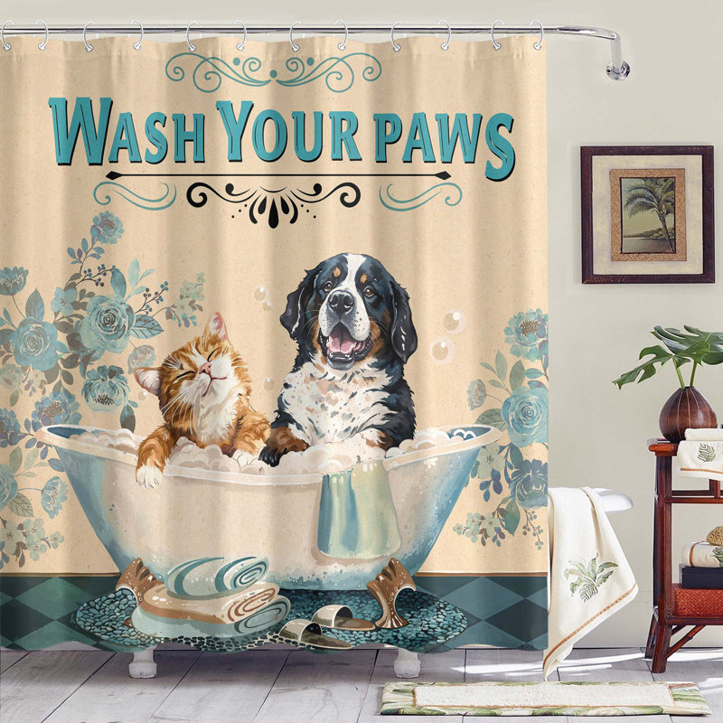 Ensemble de rideau de douche imperméable pour salle de bain avec crochets Funny Cat Dog 72 po x 72 po