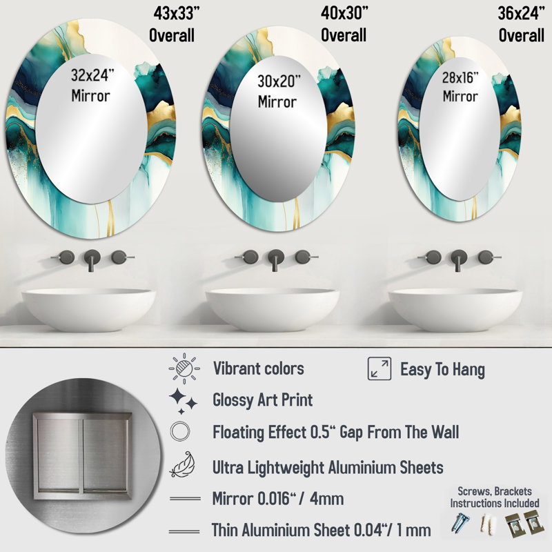 Teal And Gold Abstract Expression I - Large Oval Wall Mirror On Metal, 36" x 24"