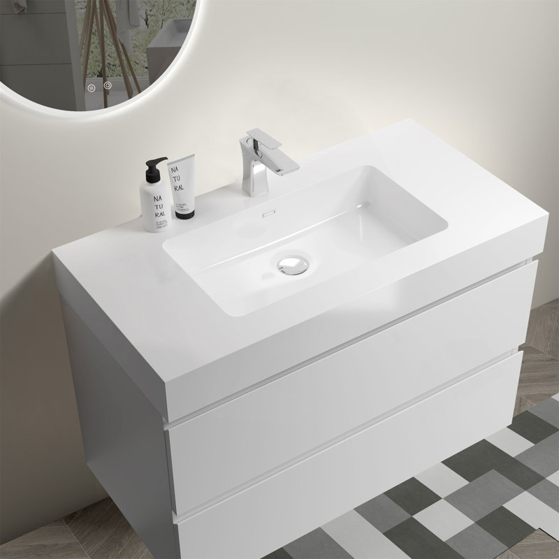 Meuble-lavabo flottant mural 36 po avec lavabo, 36", Blanc, Blanc