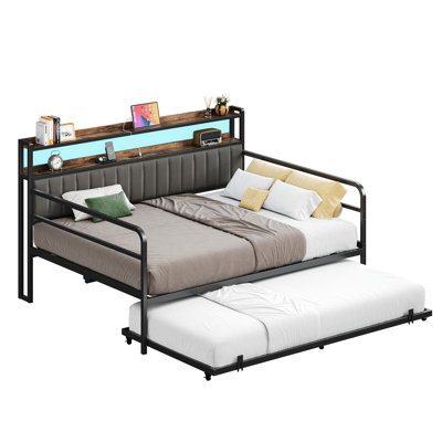 Daybed With Pull Out Trundle, 2-tier Storage Shelves And Upholstered Headboard, Day Bed With Led Lights And Charging Station, Metal Platform Bed Frame by 17 Stories