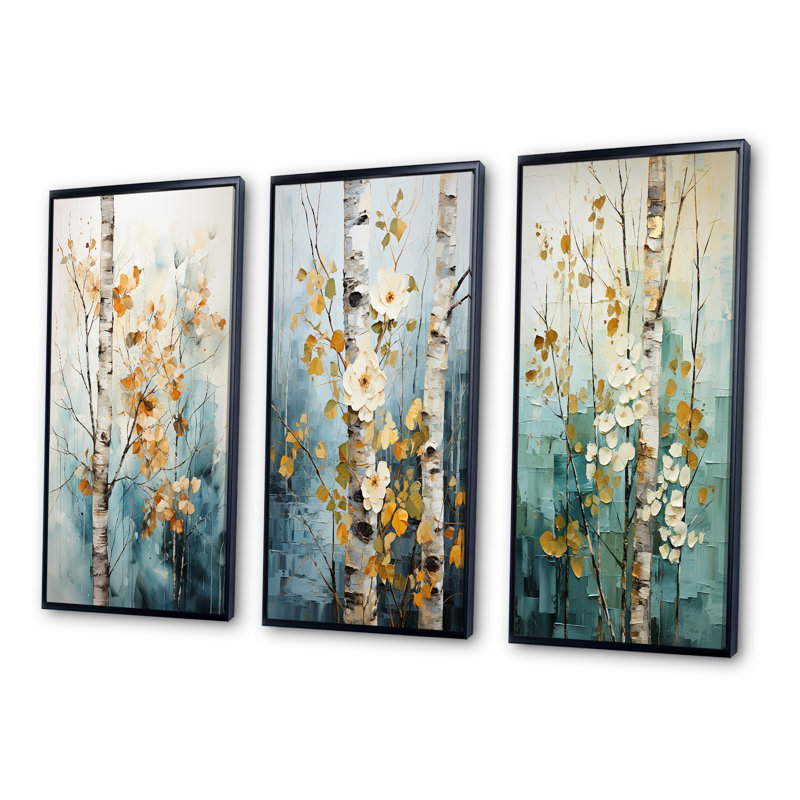 3 pièces sur toile - Bois de bouleau chuchotant des vents V, Cadre noir, H 28 po x l 36 po