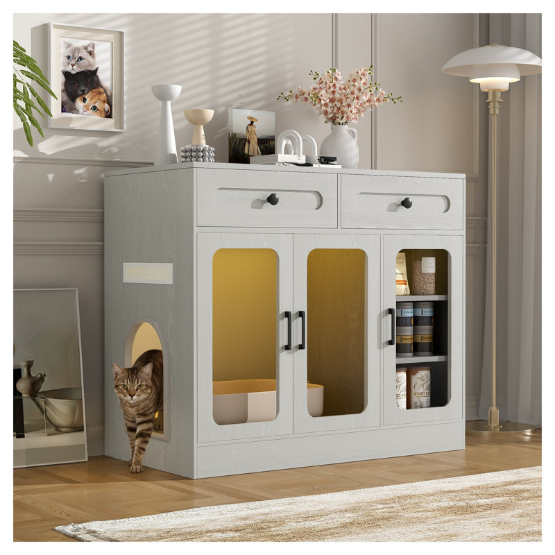 Large Hidden Cat Litter Box Enclosure Cabinet with Glass Door, Side Access, Built-in Light & Storage Drawers, Gray Wood Grain Finish