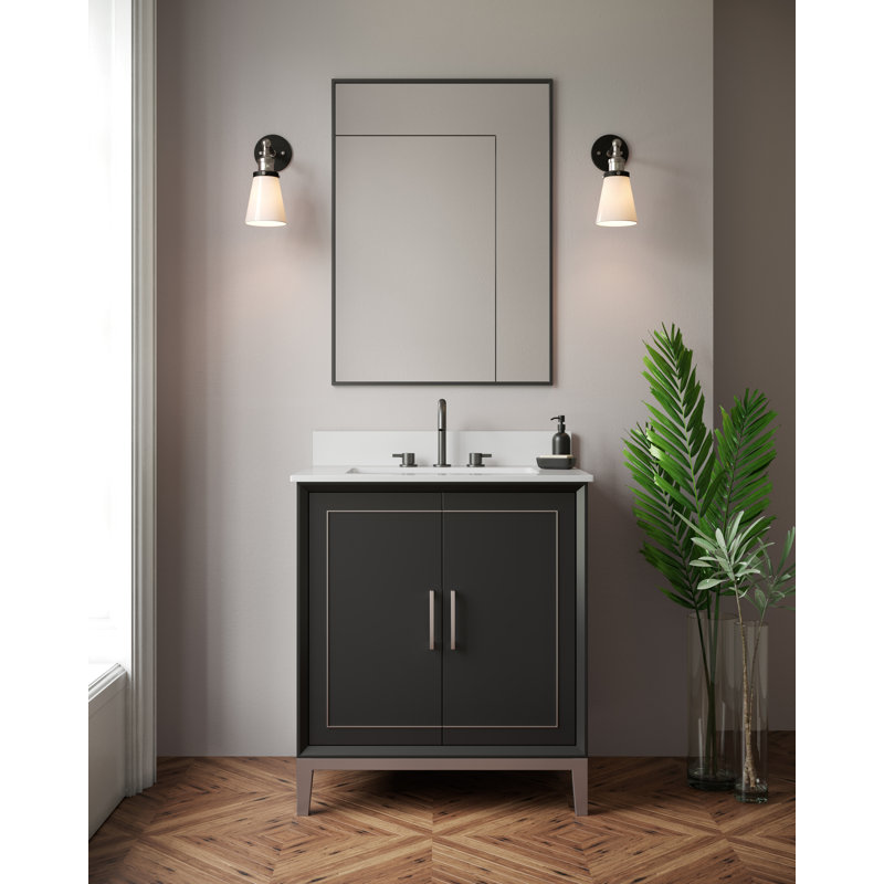 Gracie 30'' Single Bathroom Vanity with Top, Midnight Black, Satin Brass, White Quartz