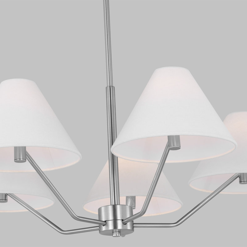 Modern Mid-Century 5-Light Chandelier with White Fabric Shade