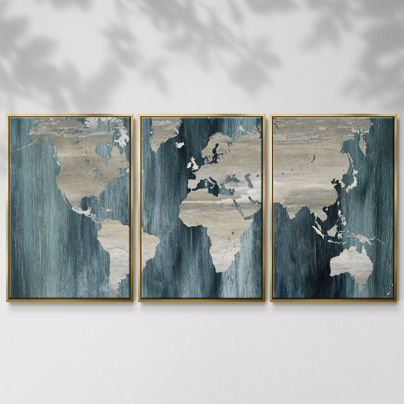 Carte du monde marine - Toile encadrée multi-pièces, H 40 po x l 78 po x P 2 po, Or