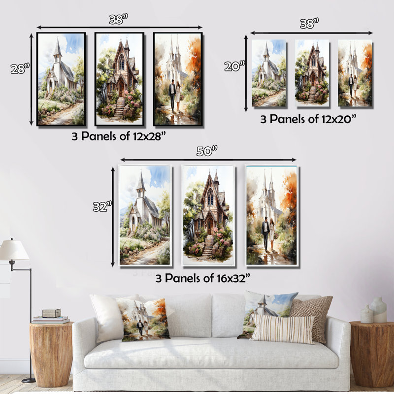 «White Wedding Chapel Rustic Spring Watercolor», ensemble de 3 impressions, Toile tendue, H 28 po x l 36 po