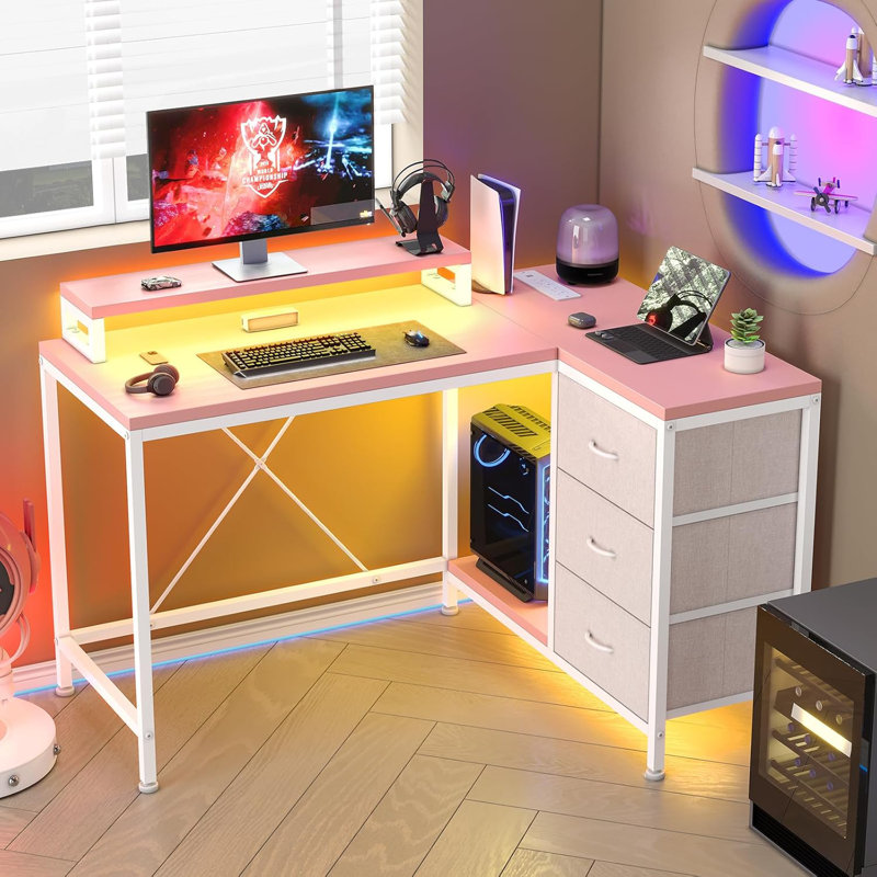 L Shaped Desk With Power Outlets & LED Lights, Computer Desk With Drawers & Shelves, Corner Desk Gaming Desk Home Office Desk, Oak