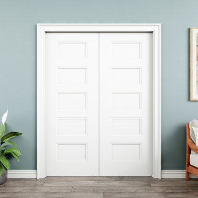 56" x 80" 5-Panel Hollow Core Interior Double Pocket Door, White Finished & Paintable, Durable & Waterproof, As Laundry Doors, Closet Doors, Room Doors