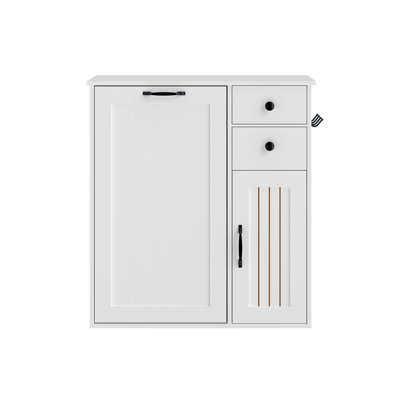 Meuble de poubelle de cuisine basculant avec tiroirs et 4 crochets, 38 litres | Rangement à 3 niveaux, meuble à ordures dissimulé, meuble à linge en bois autoportant, pour salon, salle à manger, blanc