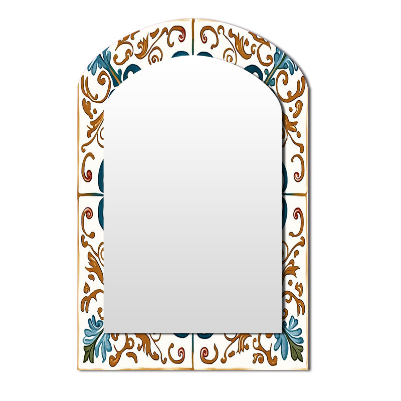 Méditerranée, carreaux en bleu rétro VI - miroir décoratif arqué en tuile, 43 po x 33 po