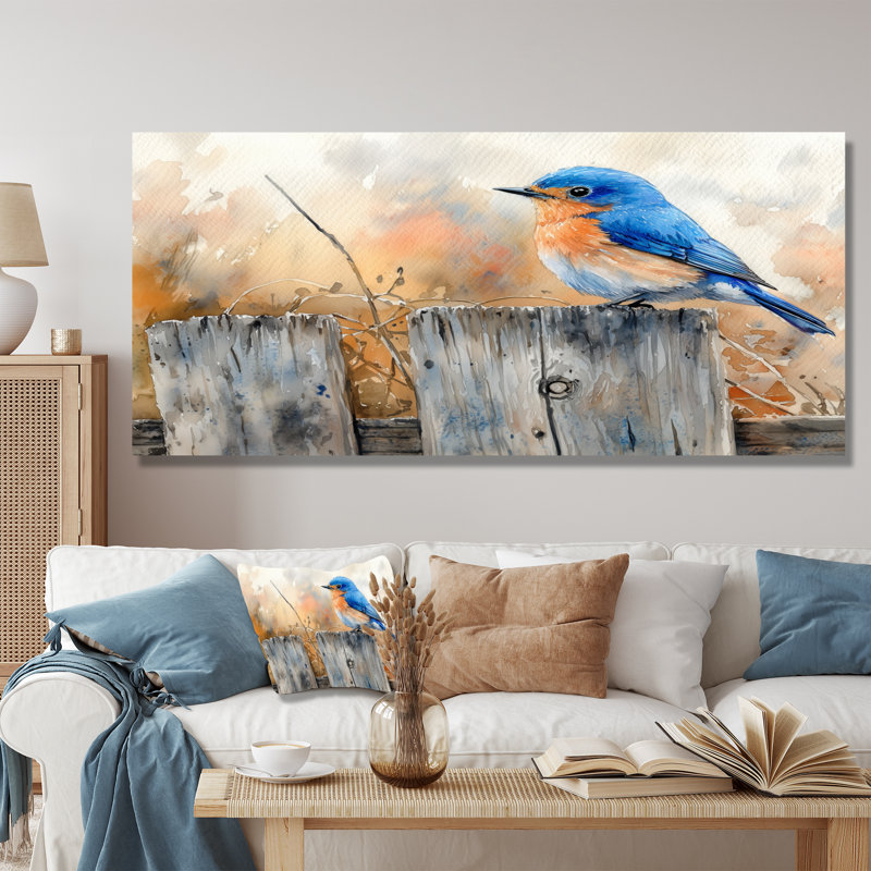 «Bluebird On The Farm Fence IV», impression d'art mural en métal moderne, H 28 po x l 60 po