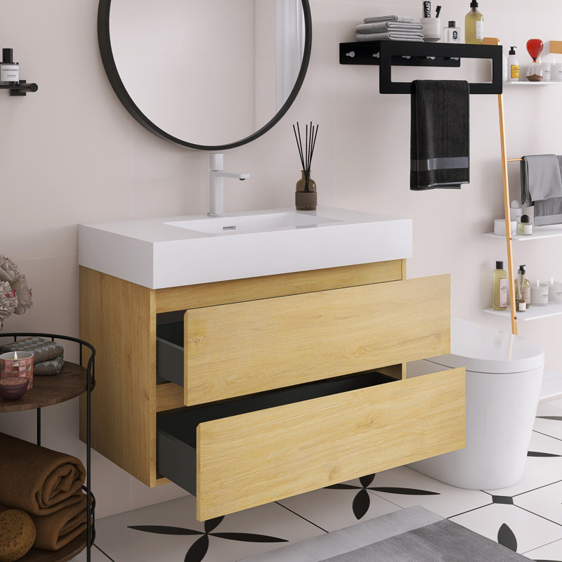 Meuble-lavabo flottant mural 36 po avec lavabo, Blanc, Chêne naturel