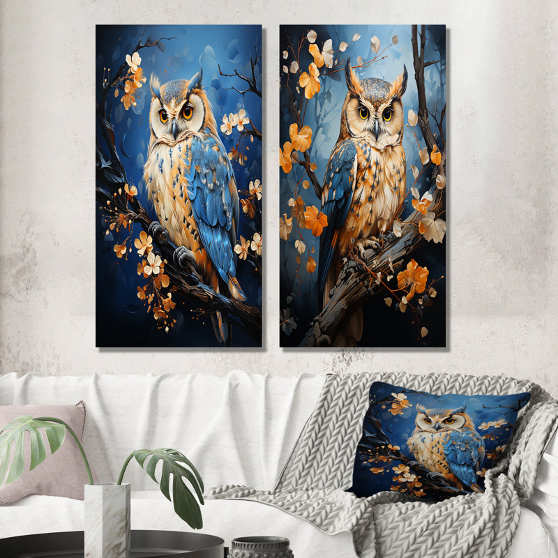 «Enchanted Forest Sentinels Owl - Owl», ensemble de 2 reproductions d'art mural, H 28 po x l 25 po, Toile tendue