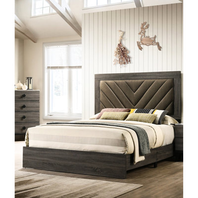 Contemporary King Size Bed With Brown Fabric Upholstered Headboard And Wood In Modern Style Grey Box Spring Requirement