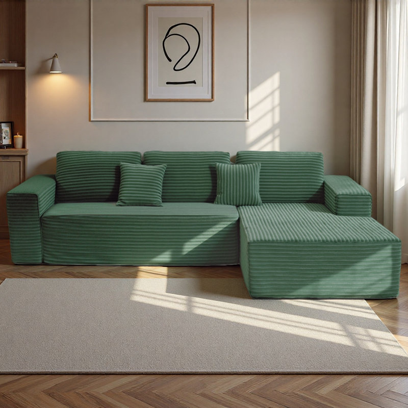 Canapé modulaire 111 po avec méridienne en L 111 po, aucun assemblage requis, Velours côtelé vert