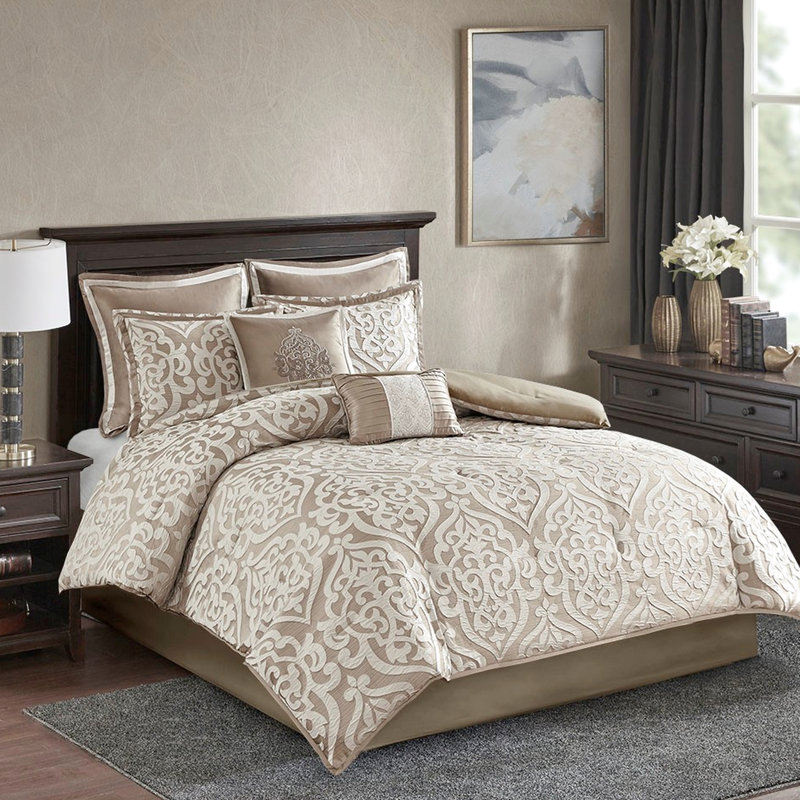 Édredon très grand 8 pièces brun clair / édredon - Magnifique médaillon, rembourrage, coussins décoratifs tissés texturés, 2 taies décoratives,