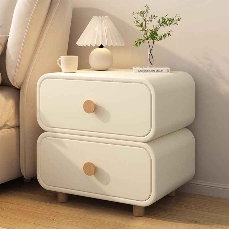 No-Assembly 2-Drawer Nightstand | Cream Upholstered Bedside Table with Solid Wood Handles for Bedroom & Living Room