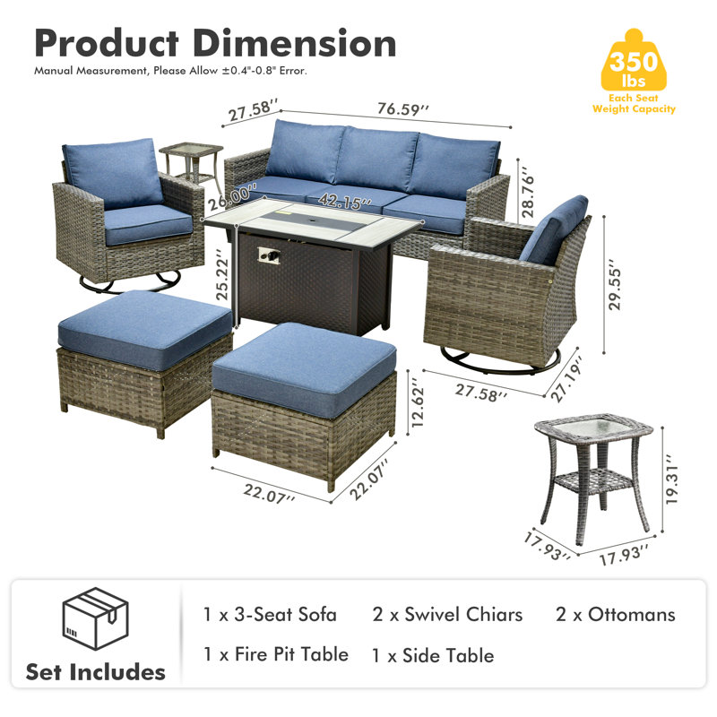Harbin 7-piece Wicker/ Rattan Patio Conversation Set With Rocking Chairs, Denim Blue