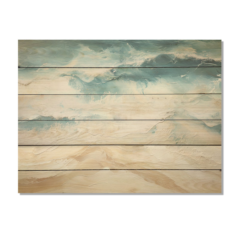 «Modern Coastal Beige and Blue Beach I», art mural en bois océan côtier sur bois de pin naturel, H 10 po x l 20 po