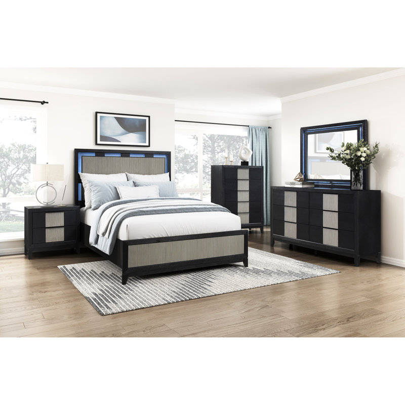 Grand lit de style moderne, en bois massif, gris anthracite deux tons, superposé et éclairage de chambre à coucher à DEL, panneaux