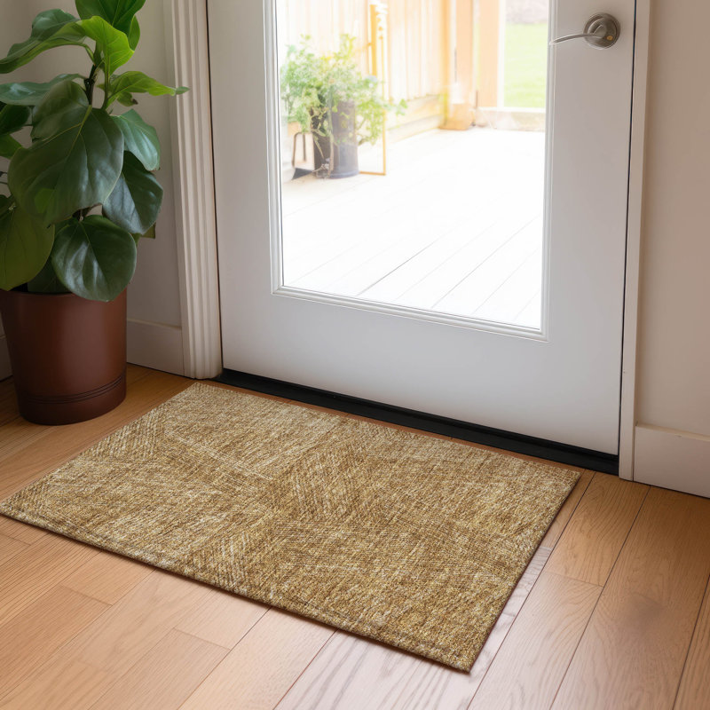 Gold Rectangular Machine Washable Synthetic Indoor/Outdoor Rug