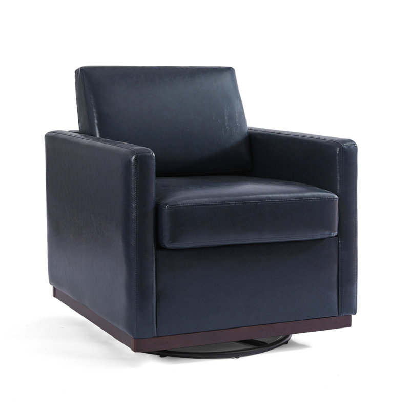 Modern Upholstered Navy Faux Leather Square Swivel Armchair with Matel Base, Navy Faux Leather