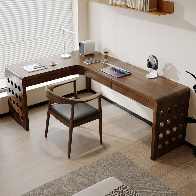 Bureau en bois massif en forme de L brun noyer avec 3 tiroirs, H 29,53 po x l 86,61 po x P 47,24 po, Retour à gauche